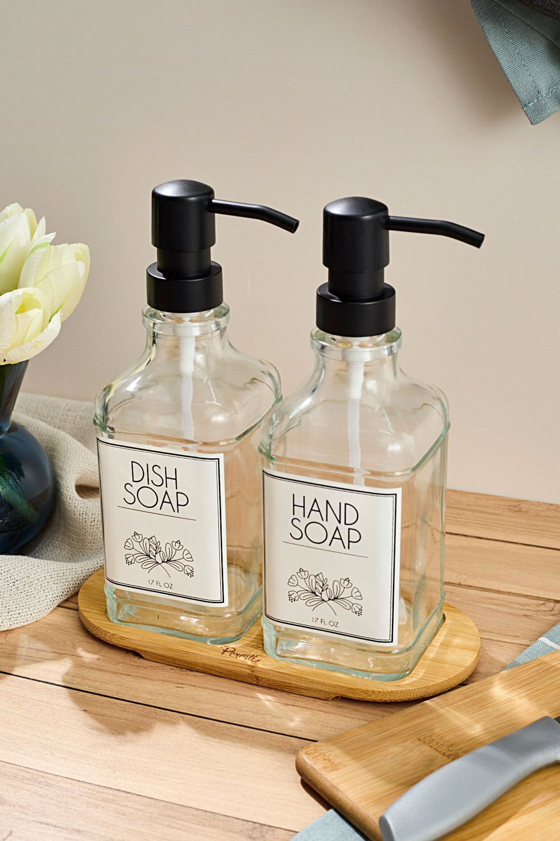 Lozione 2 Pcs Clear Kitchen Liquid Soap Dispenser Set 500ml 500ml With Bamboo Tray