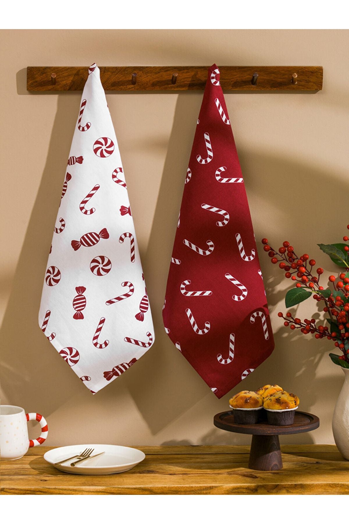 Mixed Print Printed Drying Cloth 2 Pcs 40x50 Cm Cane Pattern Christmas Themed Cloth