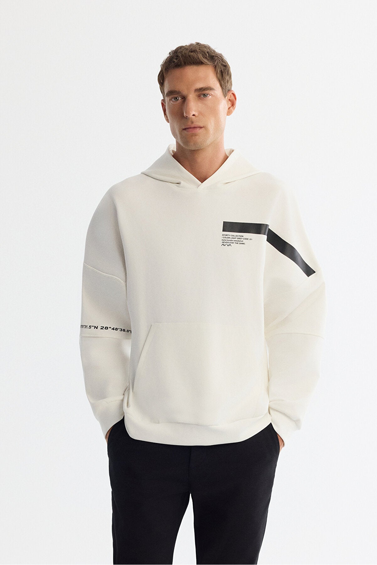 Erkek Ekru Kapüşonlu Pamuklu Baskılı Elastan Oversize Fit Sweatshirt A42Y1289