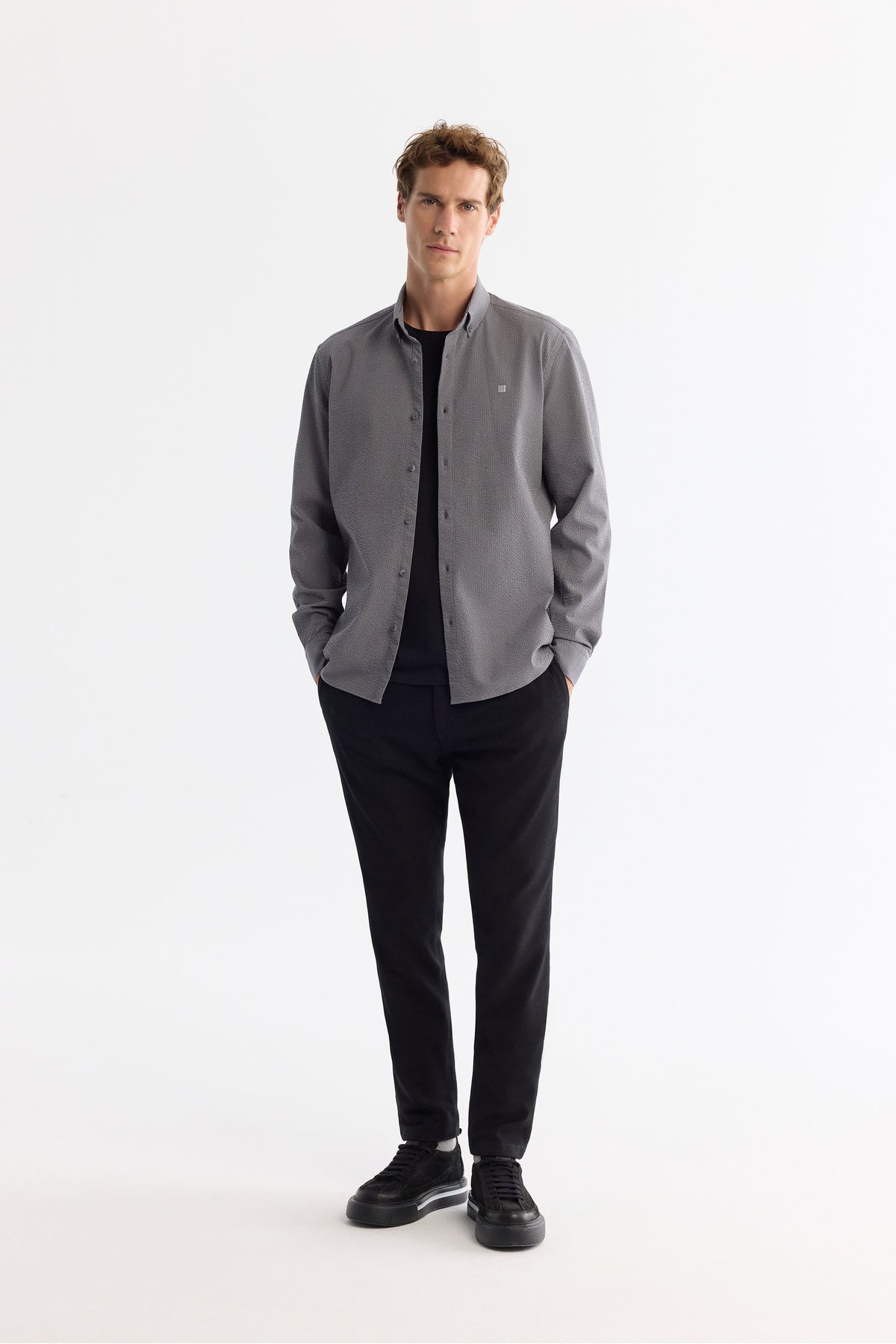 Erkek Gri Düğmeli Yaka Kolay Ütülenir Çizgili Slim Fit Gömlek A42Y2098