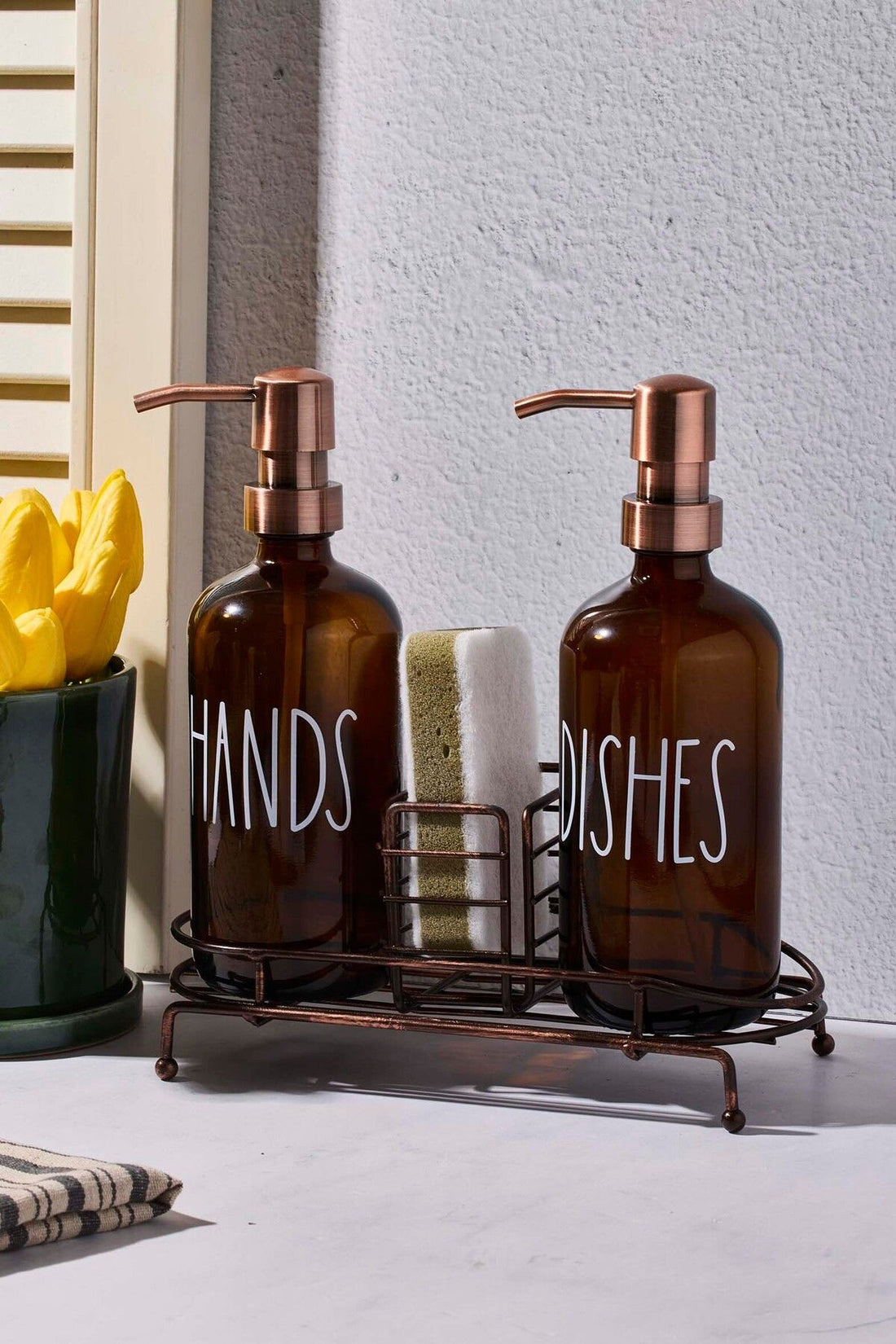 2 Pcs Amber Kitchen Liquid Soap Dispenser Glass With Lossy Metal Copper Stand
