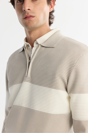 Erkek Açık Gri Fermuarlı Polo Yaka Blok Renkli Triko Regular Fit Kazak A42Y5030