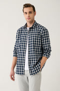 Men's Navy-White Unisex Lumberjack Shirt Classic Collar 100% Cotton Plaid Flannel Comfort Fit A32y2158