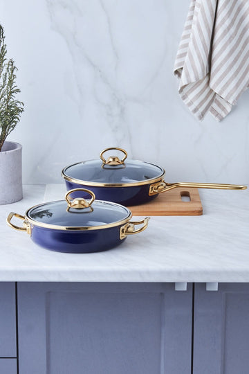 Piraye 2-Pcs Enamel Pan Pan Set With Lid Navy Blue