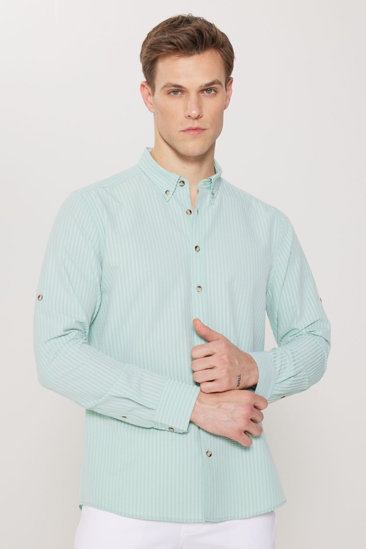 Men's Mint Anti-Wrinkle Technical Oxford Wafer Pattern Slim Fit Slim Fit Buttoned Collar Stretch Shirt