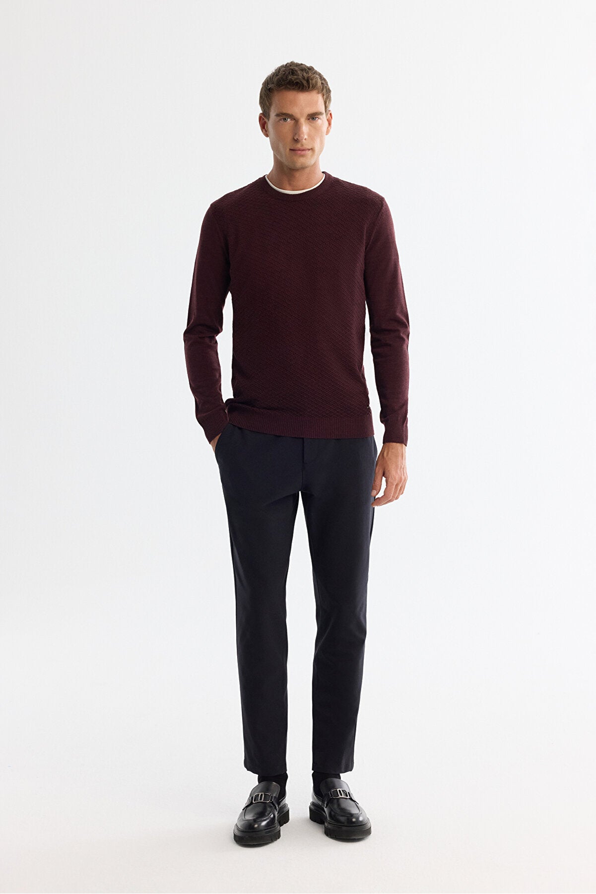 Men's Burgundy Textured Basic Sweater E005109