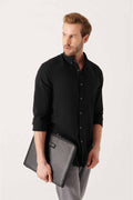 Men's Black Shirt 100% Cotton Slim Soft Button Down Collar Long Sleeve Regular Fit E002206