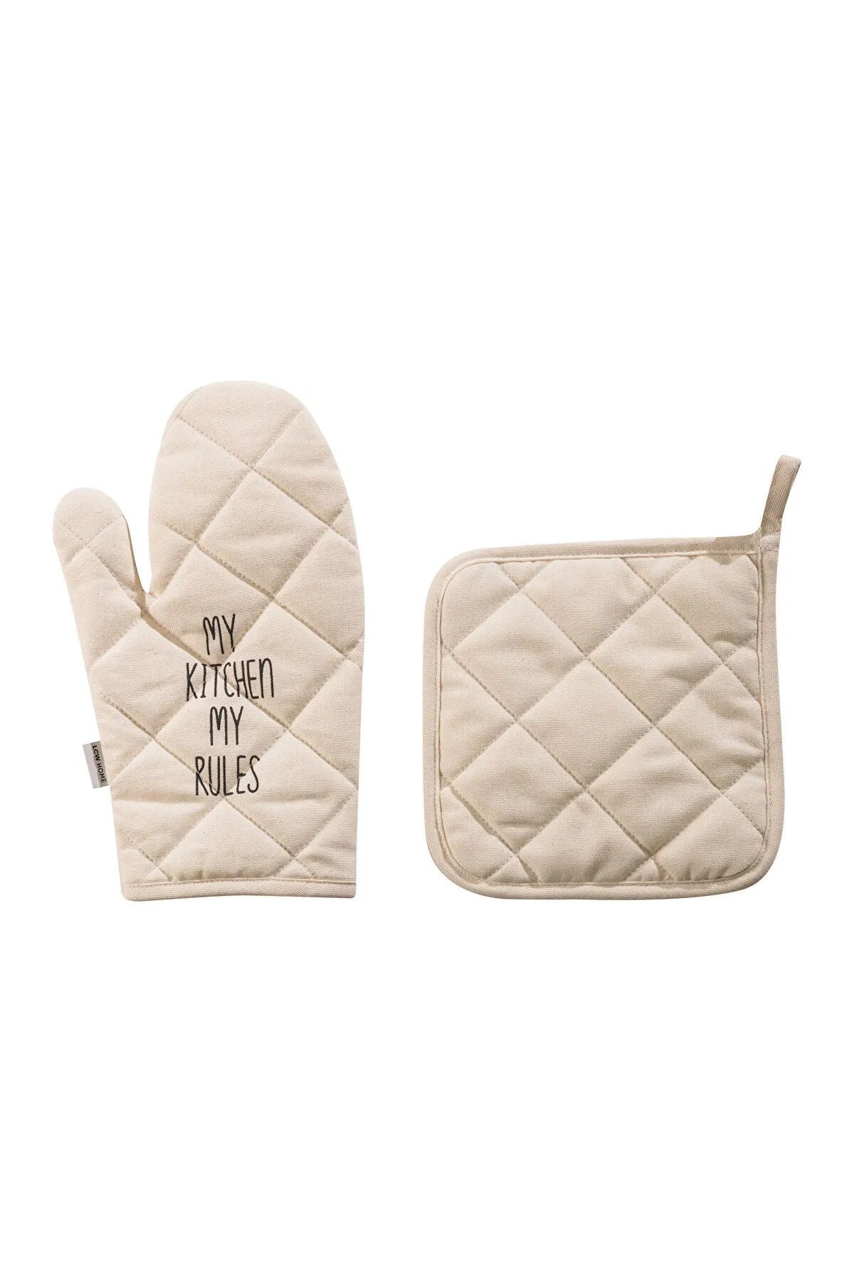 LCW HOME Ecru Printed Oven Glove and Handle