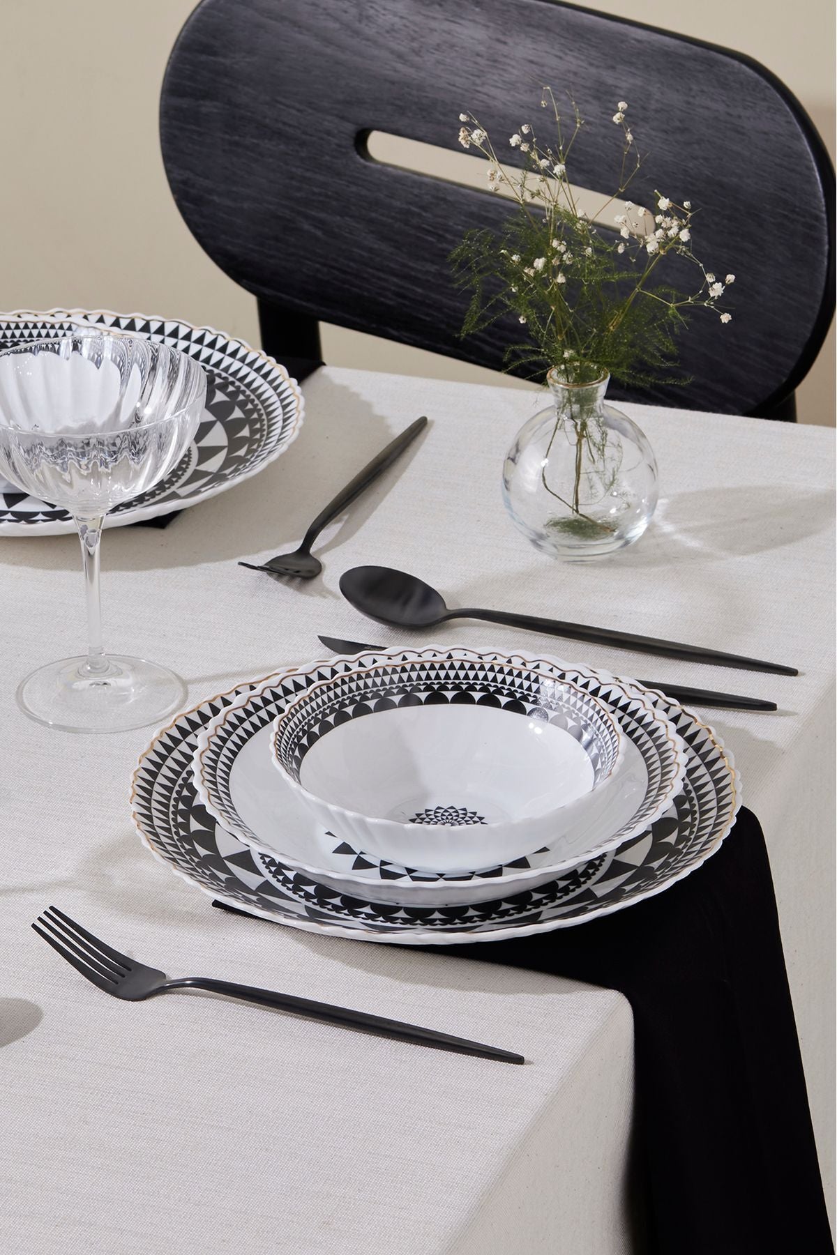 Black Gold 19 Pieces 6 Seater Opal Glass Dinner Set Gold