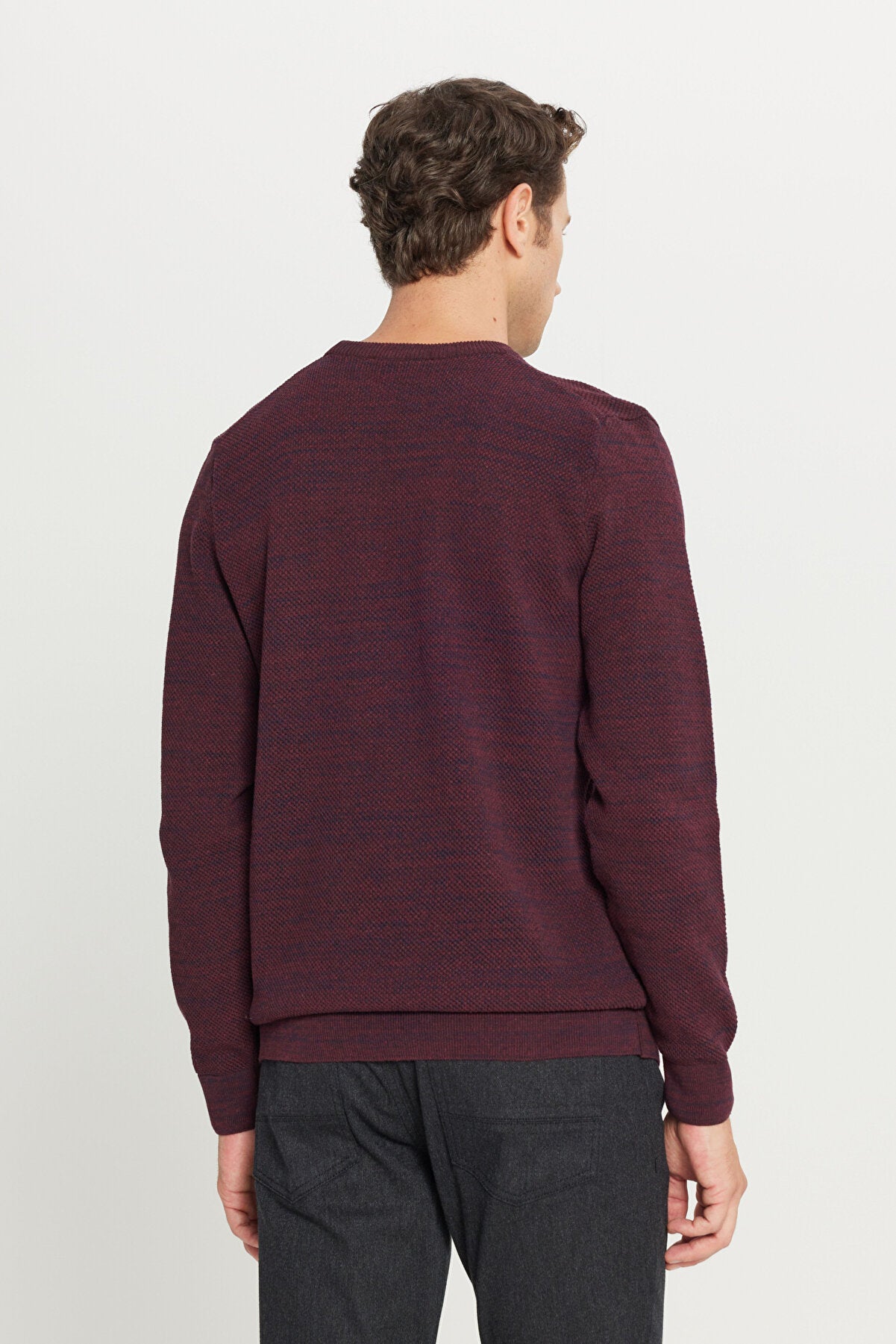 Men's Burgundy-navy Standard Fit Regular Fit Crew Neck Patterned Knitwear Sweater