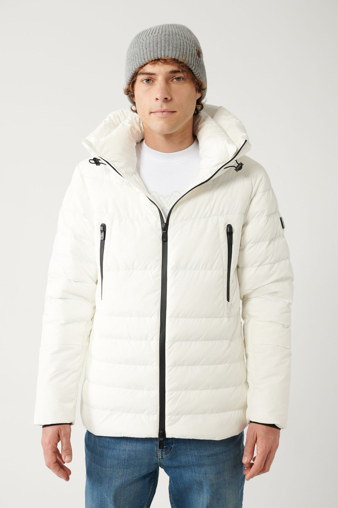 Men's White Goose Feather Water Repellent Windproof Thermometer Hooded Inflatable Coat A32y6017