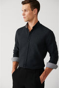 Erkek Siyah D����meli Yaka Dokulu Pamuklu Slim Fit G��mlek A32Y2076