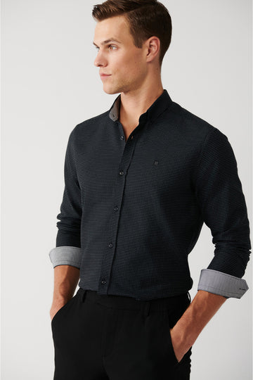 Erkek Siyah D����meli Yaka Dokulu Pamuklu Slim Fit G��mlek A32Y2076