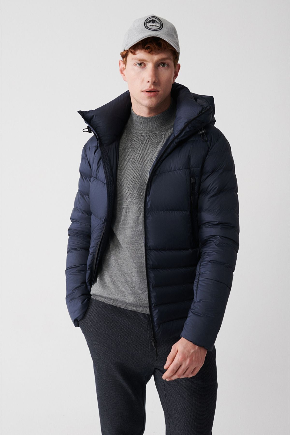 Men's Navy Goose Feather Water Repellent Windproof Thermometer Hooded Inflatable Coat A32y6017