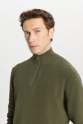 Men's Khaki Cotton Zipper Bato Collar Jacquard Standard Fit Regular Fit Sweater Sweater