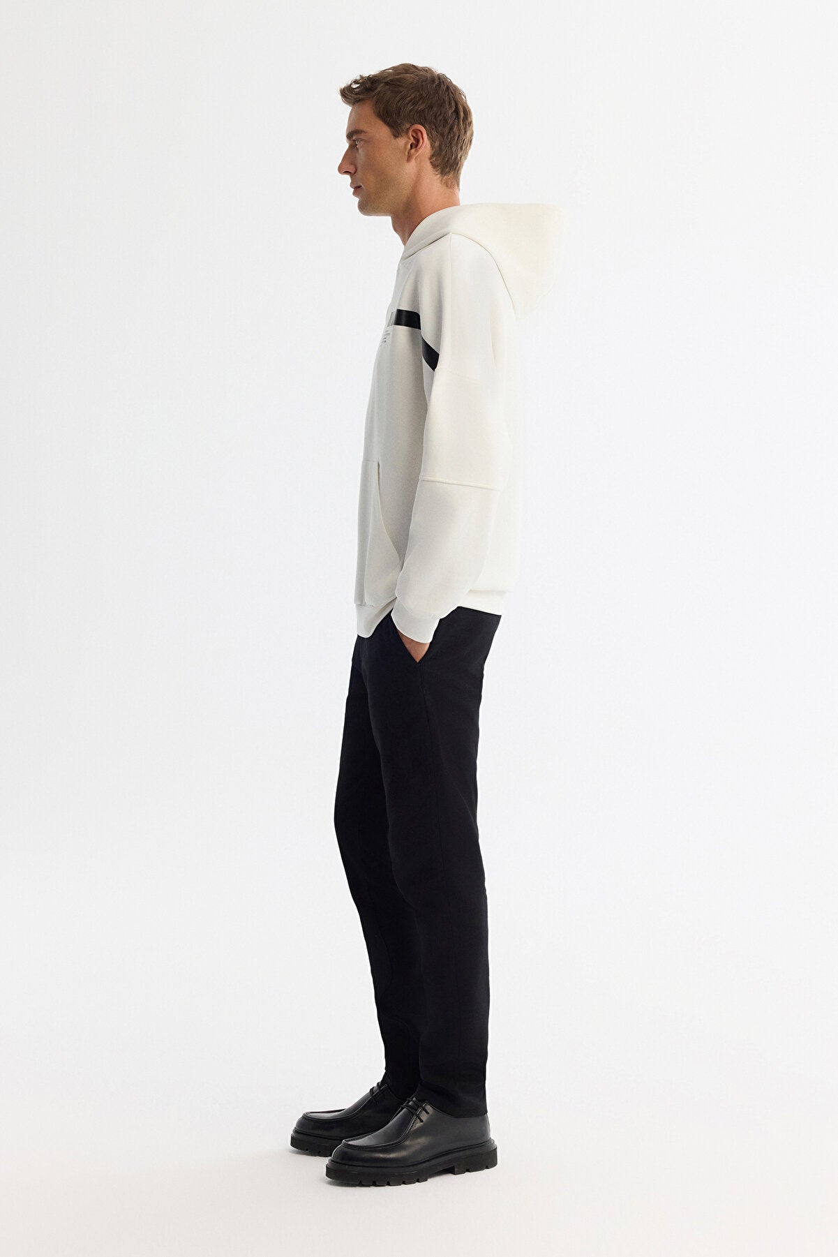 Erkek Ekru Kapüşonlu Pamuklu Baskılı Elastan Oversize Fit Sweatshirt A42Y1289