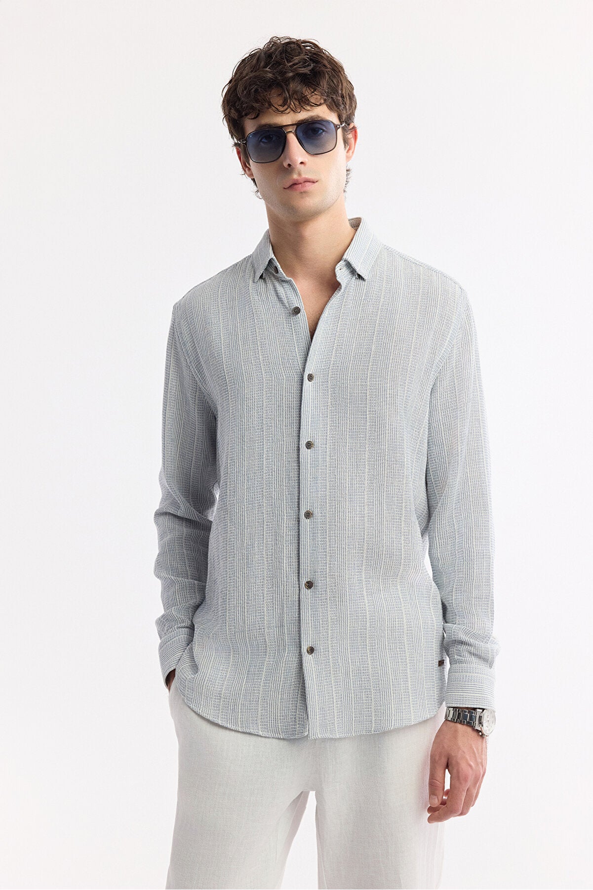 Erkek Mavi Alttan Britli Yaka %100 Pamuk Comfort Fit Gömlek A51Y2024