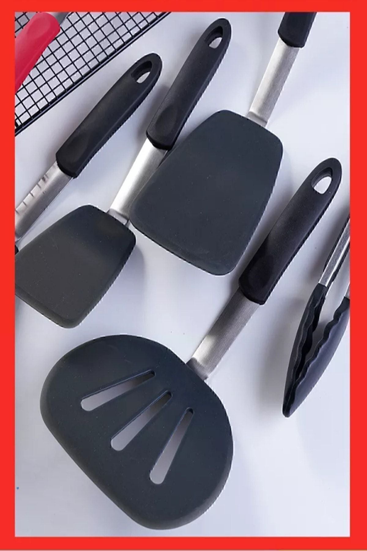 Heat Resistant Fireproof Non-stick Silicone, Stainless Steel Spatula Set 5 Pcs Black