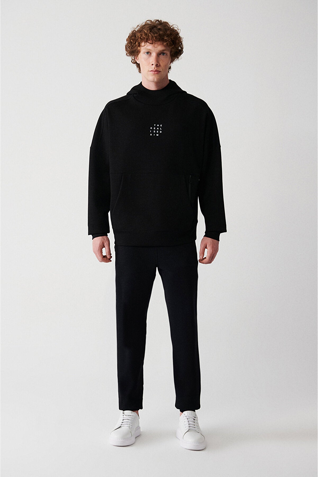 Men's Black Interlock Fabric Hooded Collar Printed Kangaroo Pocket Sweatshirt A32Y1280