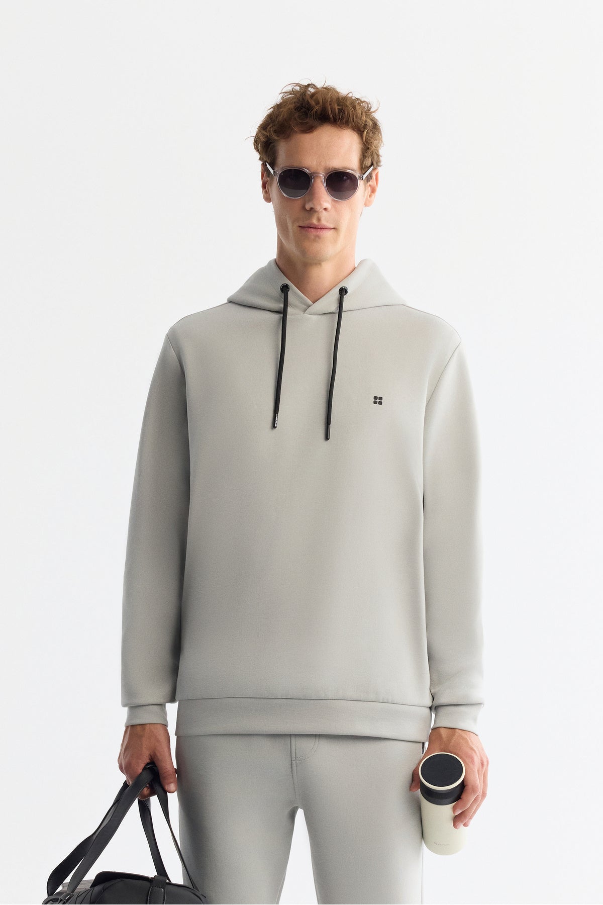 Erkek Gri Kap����onlu Esnek Yumu��ak Doku ��nterlok Kuma�� Basic Regular Fit Sweatshirt B001101