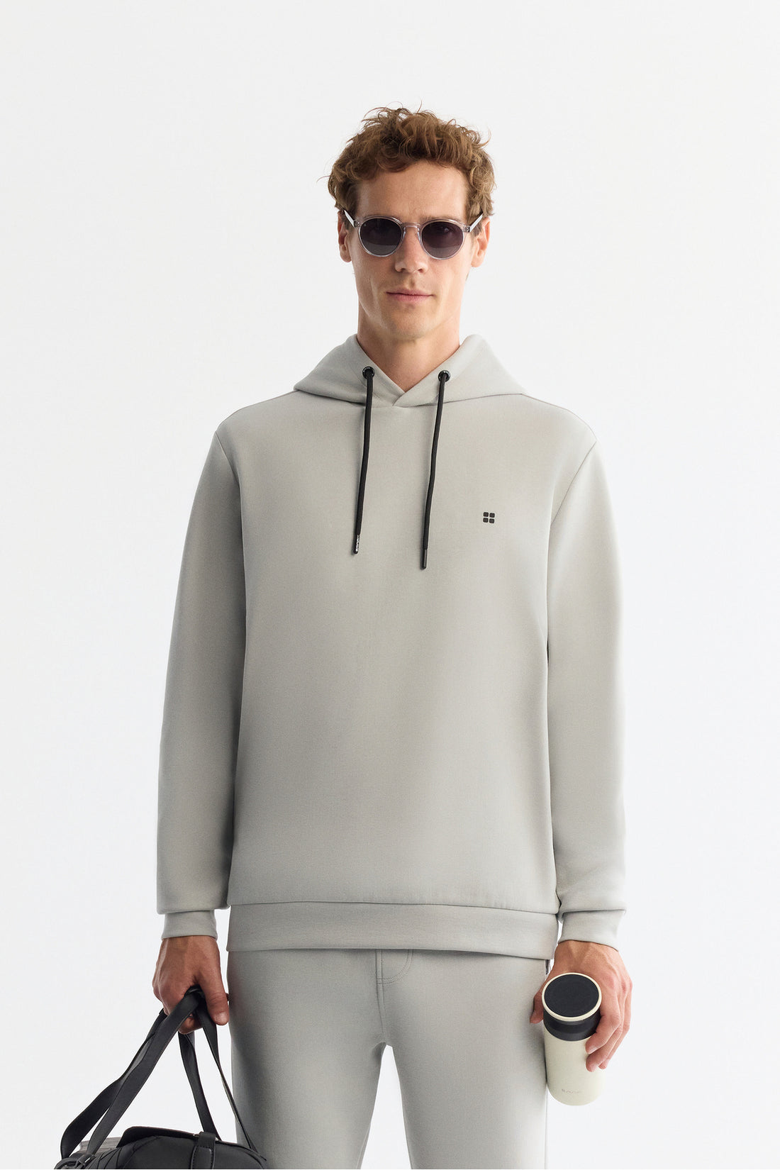 Erkek Gri Kap����onlu Esnek Yumu��ak Doku ��nterlok Kuma�� Basic Regular Fit Sweatshirt B001101