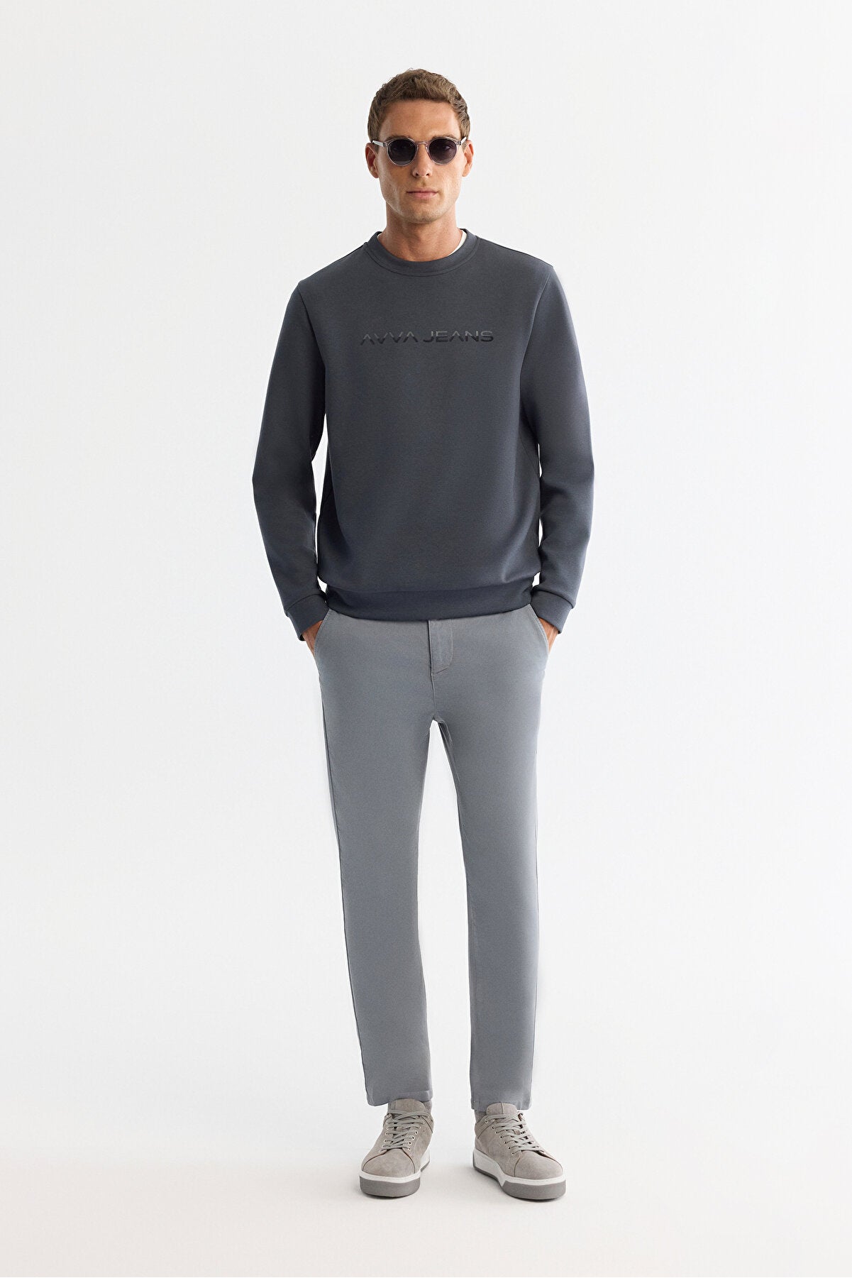 Erkek Antrasit Bisiklet Yaka Pamuklu Baskılı Elastan Regular Fit Sweatshirt A42Y1221