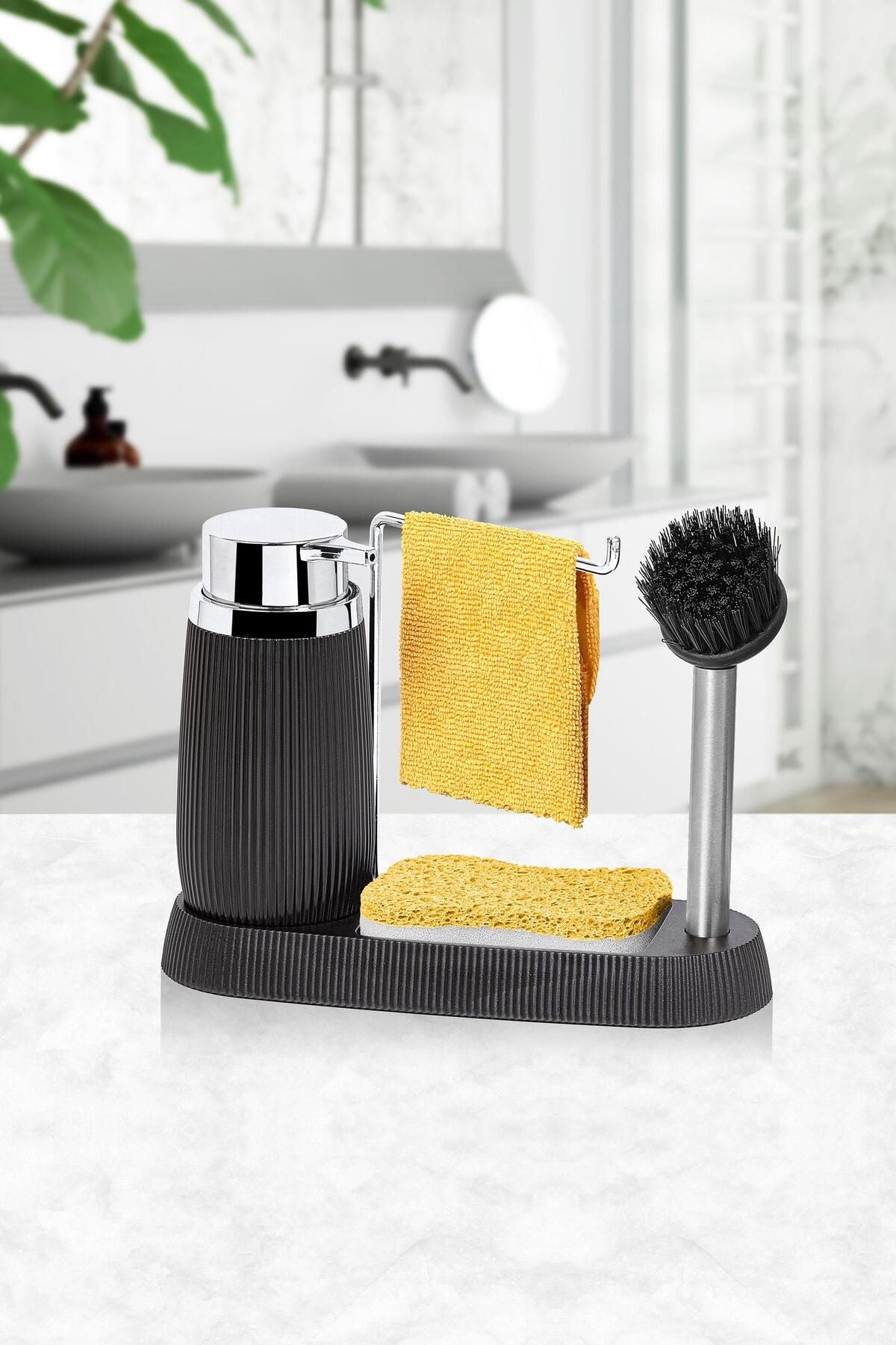 Black Premium Brush Holder and Soap Dispenser Sink Set
