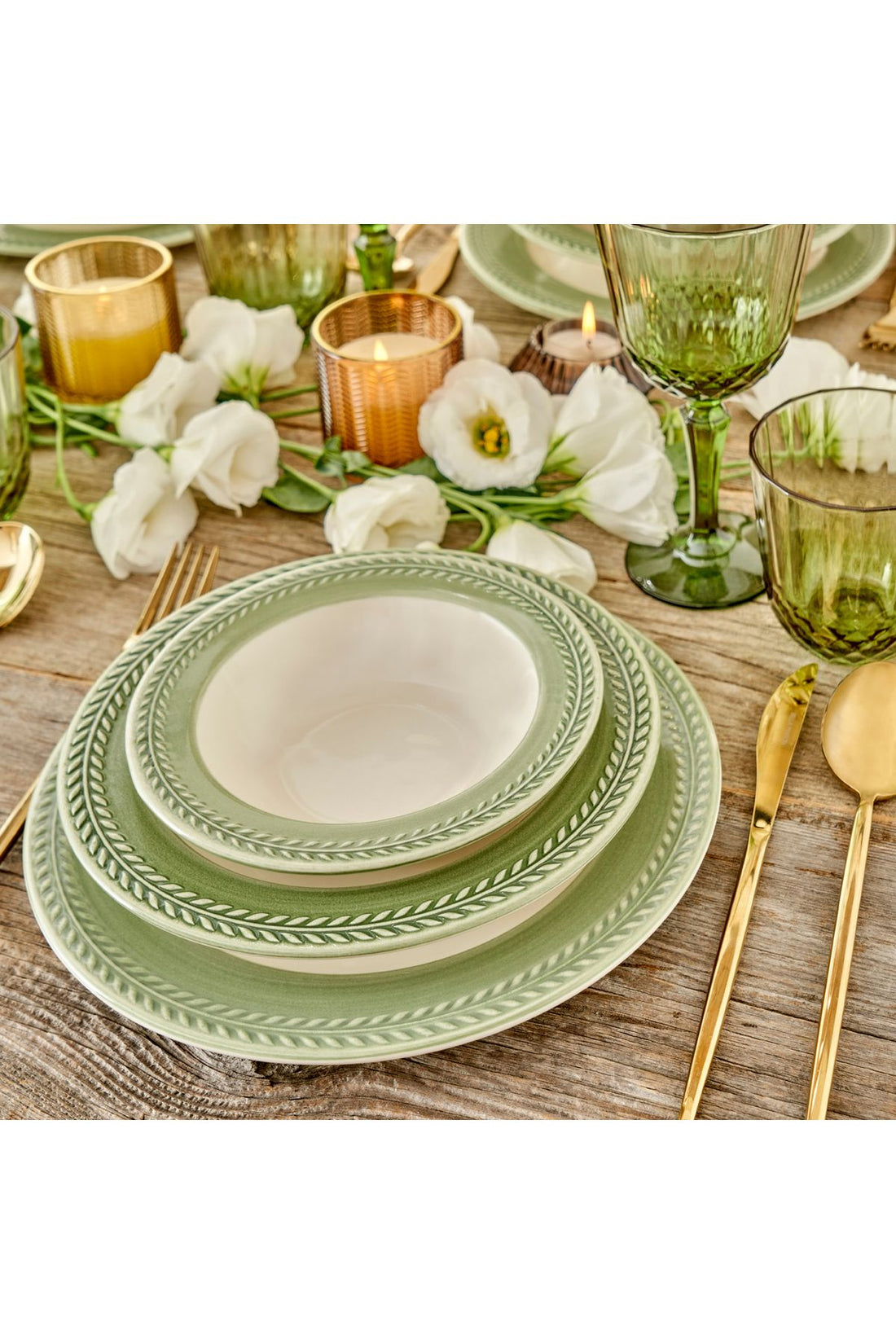 Monica Stoneware 12 Pieces 4 Seater Dinner Set Green