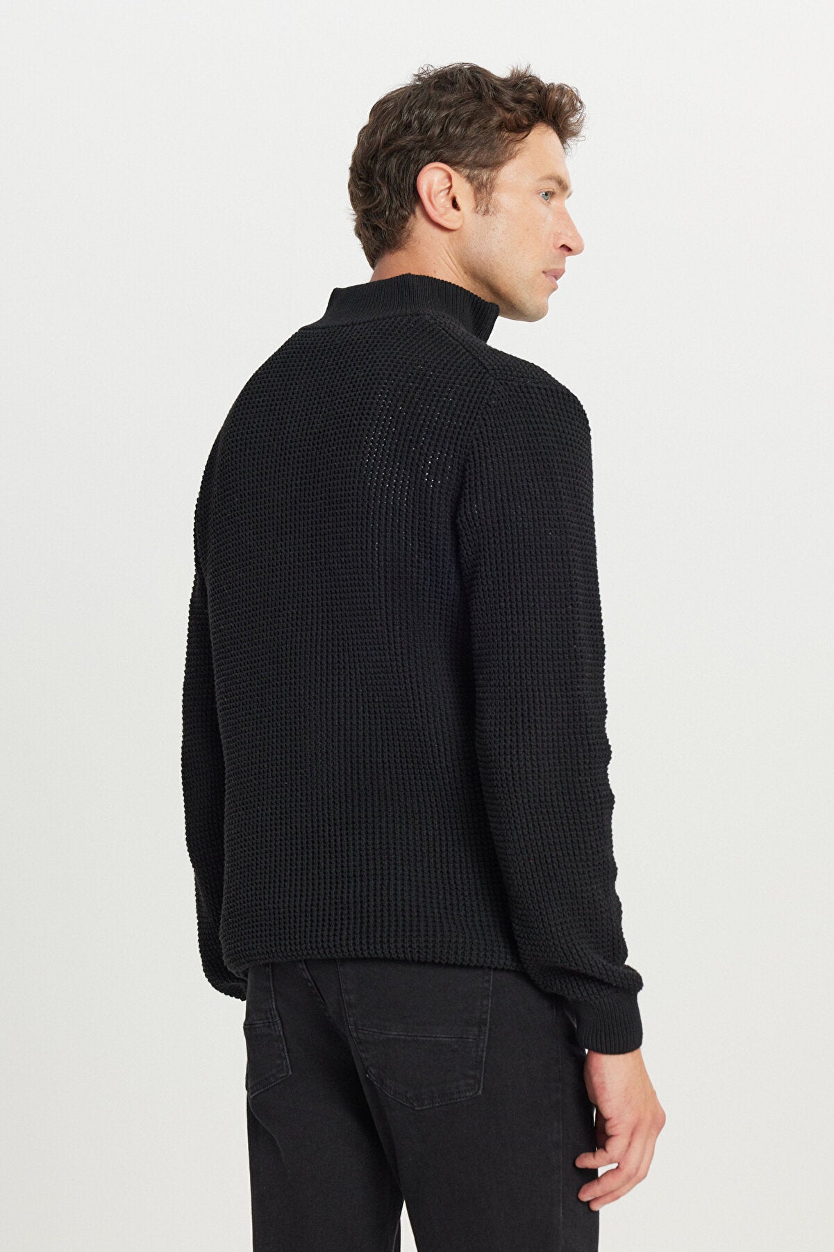 Men's Black Cotton Standard Fit Regular Fit Zipper Bato Collar Jacquard Knitwear Sweater