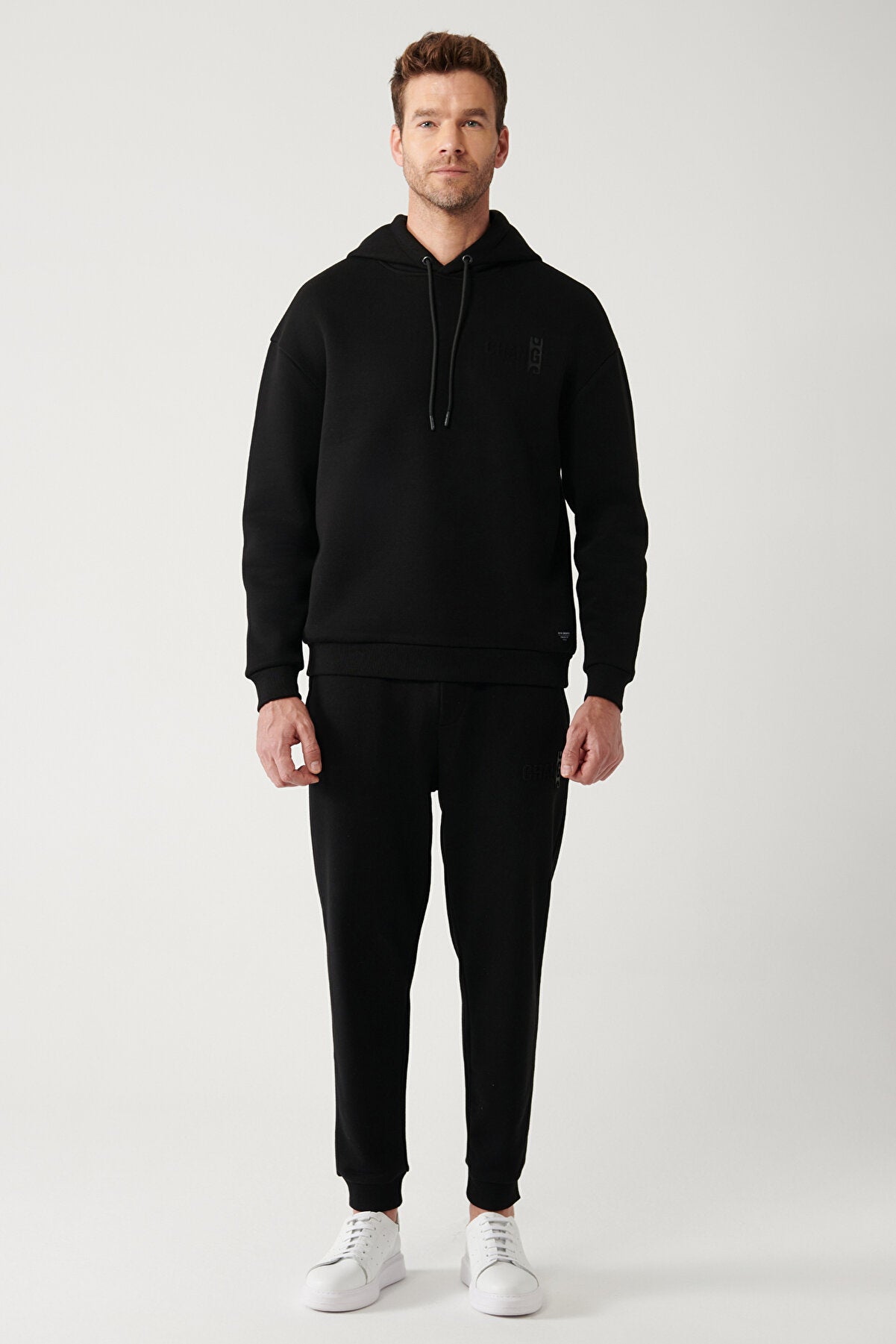 Erkek Siyah ��ardonlu Kuma�� Kap����onlu Yaka Gofre Bask��l�� Oversize Sweatshirt A32Y1190