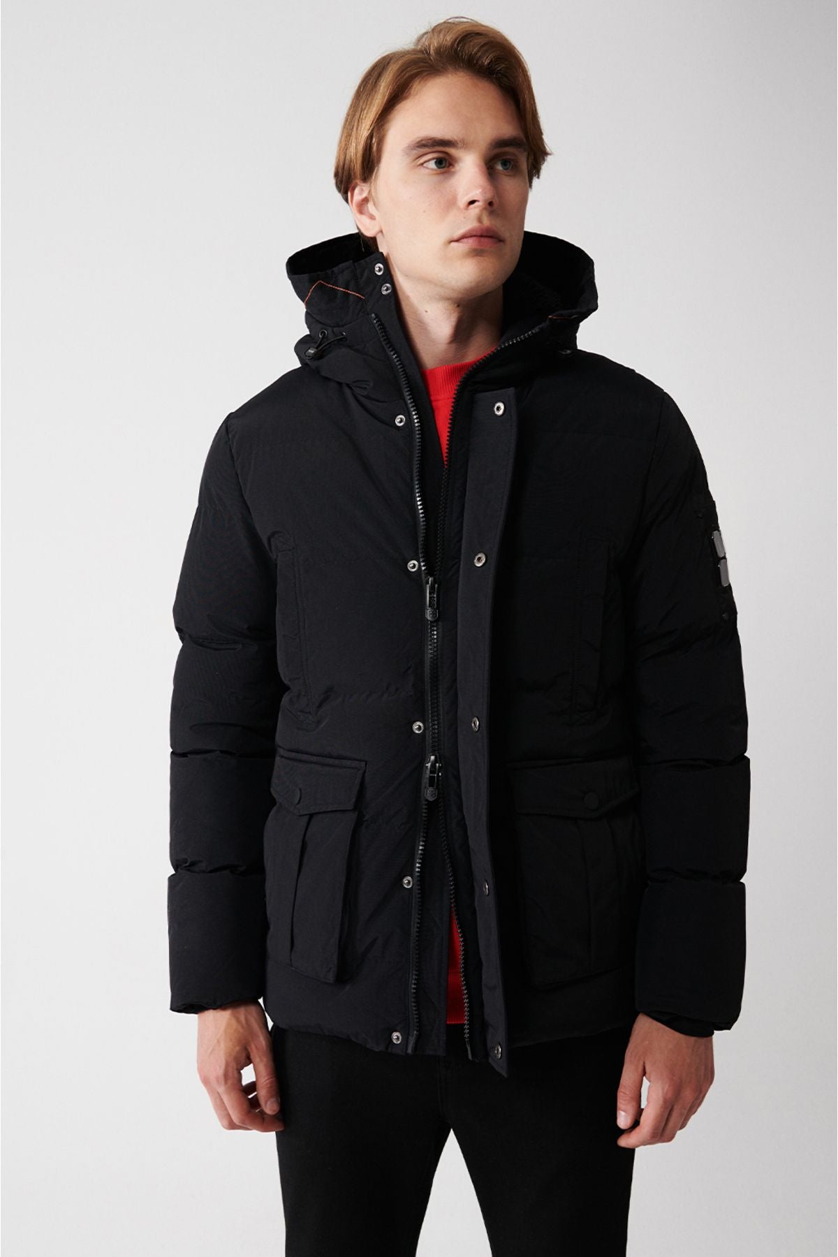 Men's Black Hooded Inside Plush Detailed Water Repellent Windproof Inflatable Coat A32y6046