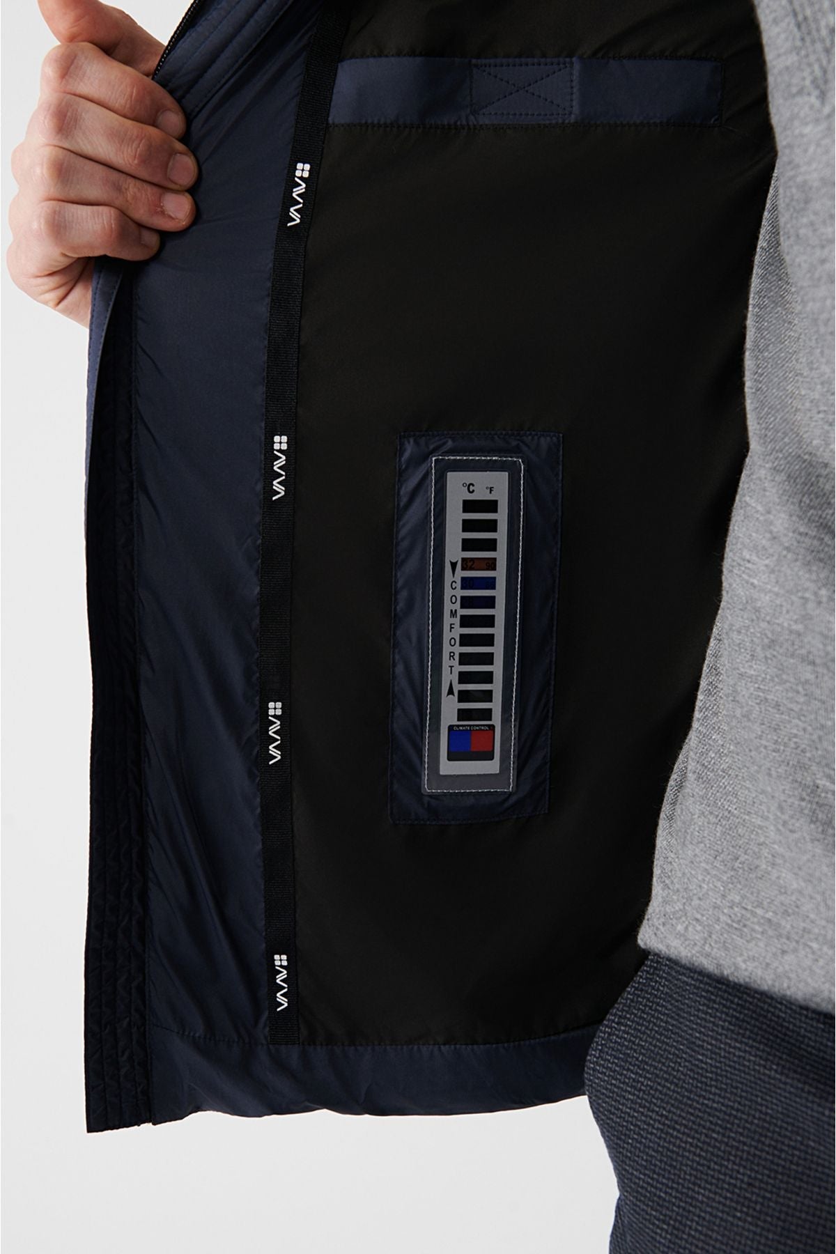 Avva - Men's Navy Goose Feather Water Repellent Windproof Thermometer Hooded Inflatable Coat