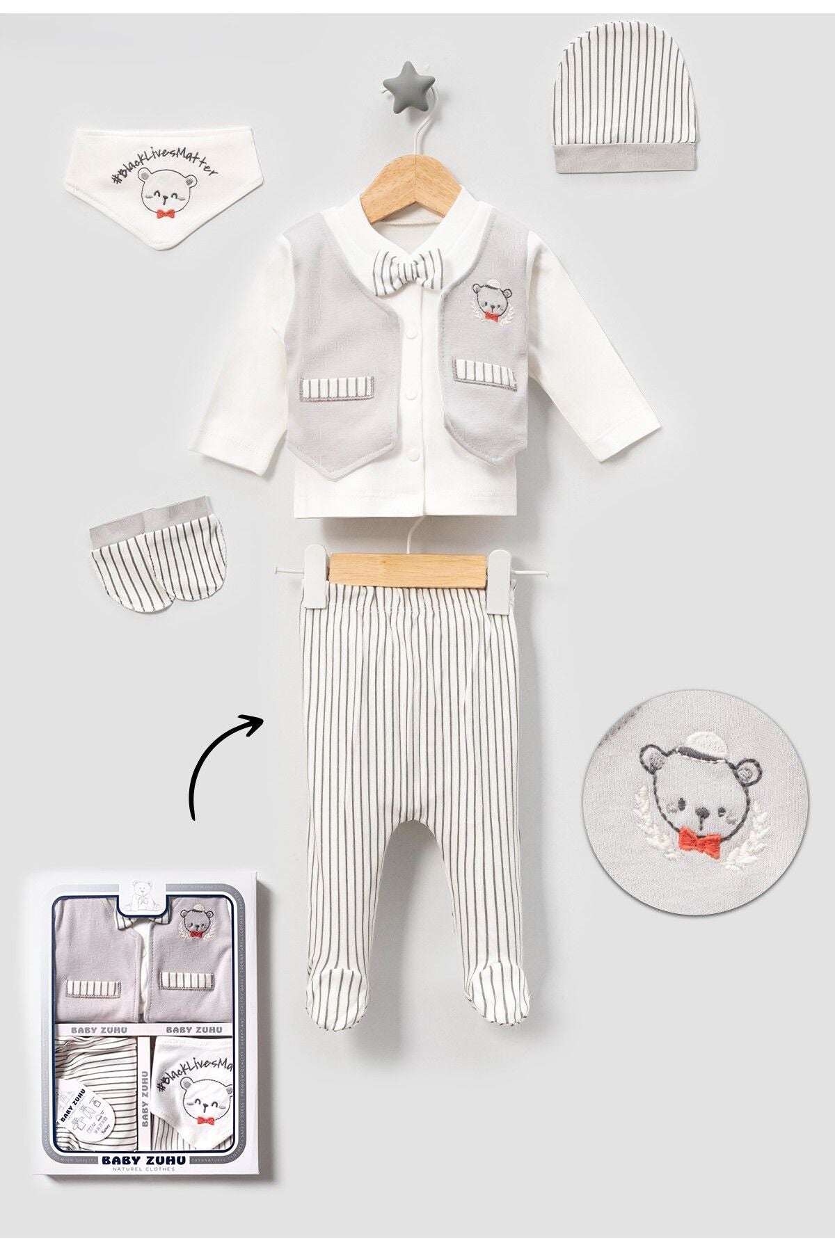 Boxed - 3 Pack Teddy Bear 100% Cotton Newborn Baby Clothes Set of 5 Hospital Outlet