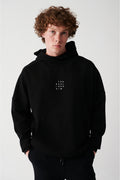 Men's Black Interlock Fabric Hooded Collar Printed Kangaroo Pocket Sweatshirt A32Y1280