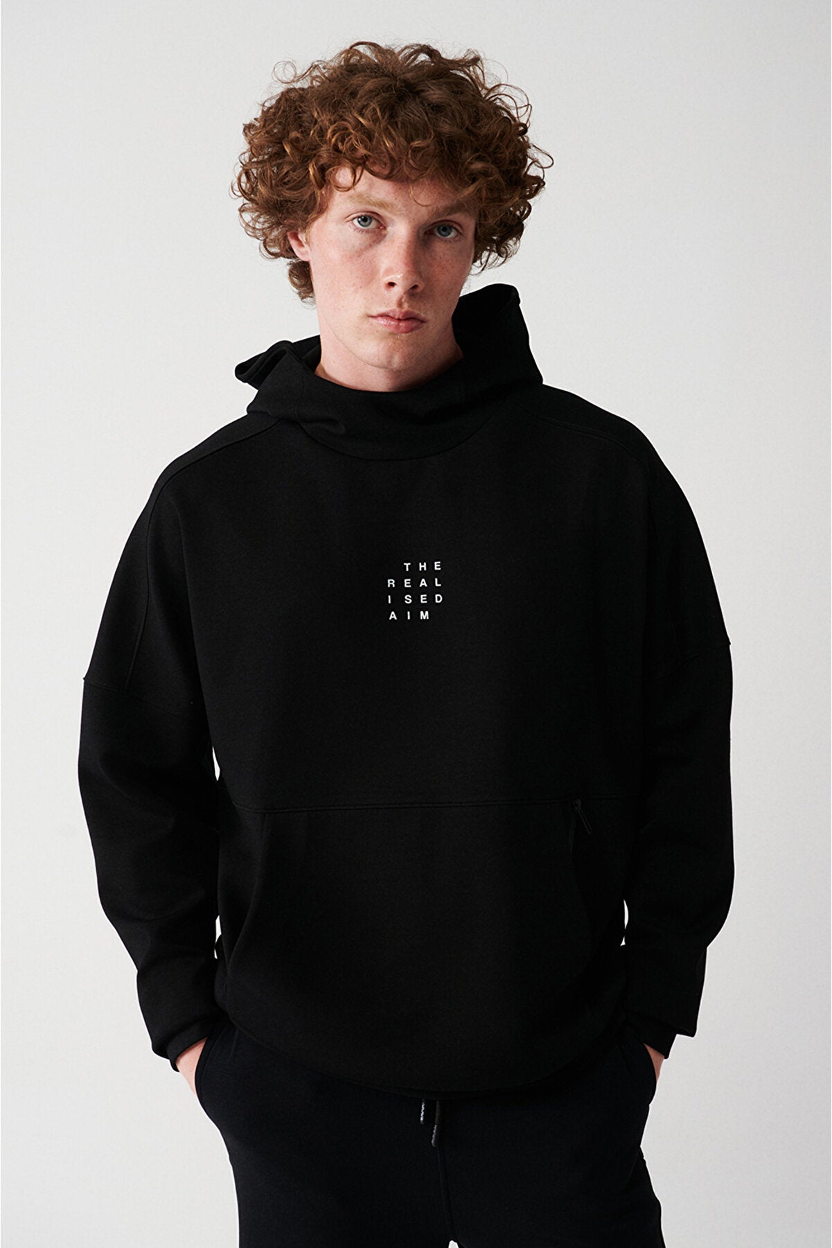 Men's Black Interlock Fabric Hooded Collar Printed Kangaroo Pocket Sweatshirt A32Y1280