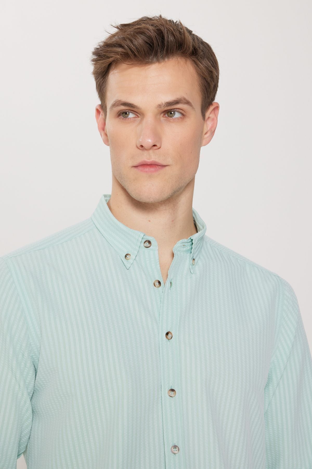 Men's Mint Anti-Wrinkle Technical Oxford Wafer Pattern Slim Fit Slim Fit Buttoned Collar Stretch Shirt