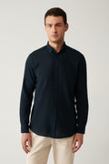 Men's Navy Blue Shirt 100% Cotton Slim Soft Buttoned Collar Long Sleeve Regular Fit E002206