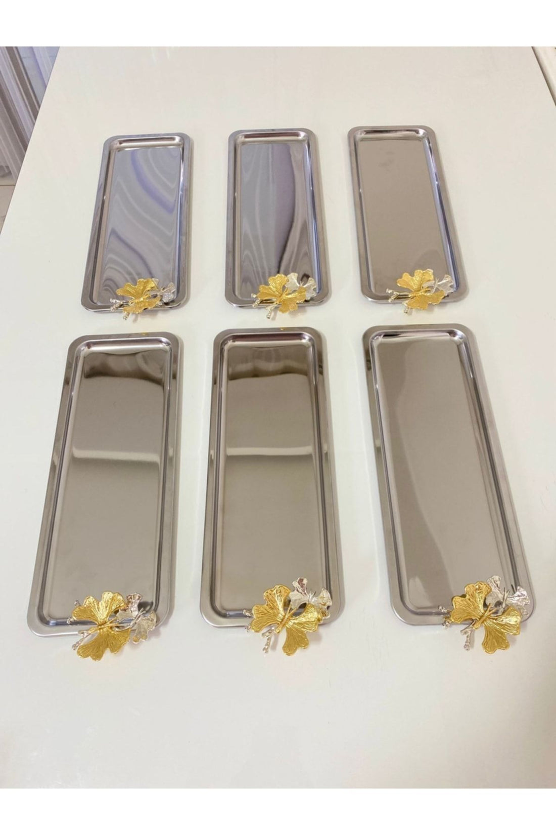 6 Pcs Luxury Baton Stainless Steel Butterfly Silver Serving, Tea, Coffee, Treats And Serving Tray