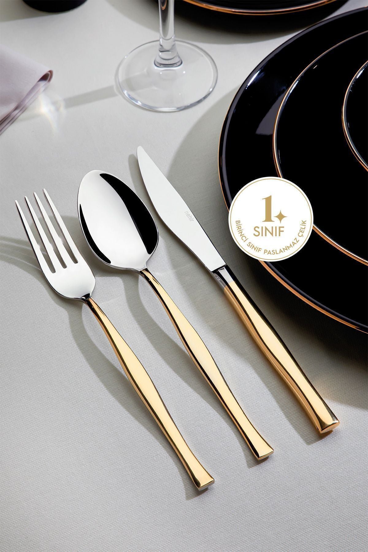 Elegant Gold Simple 12 Seater 89 Piece Fork Spoons Knife Set with Leather Box