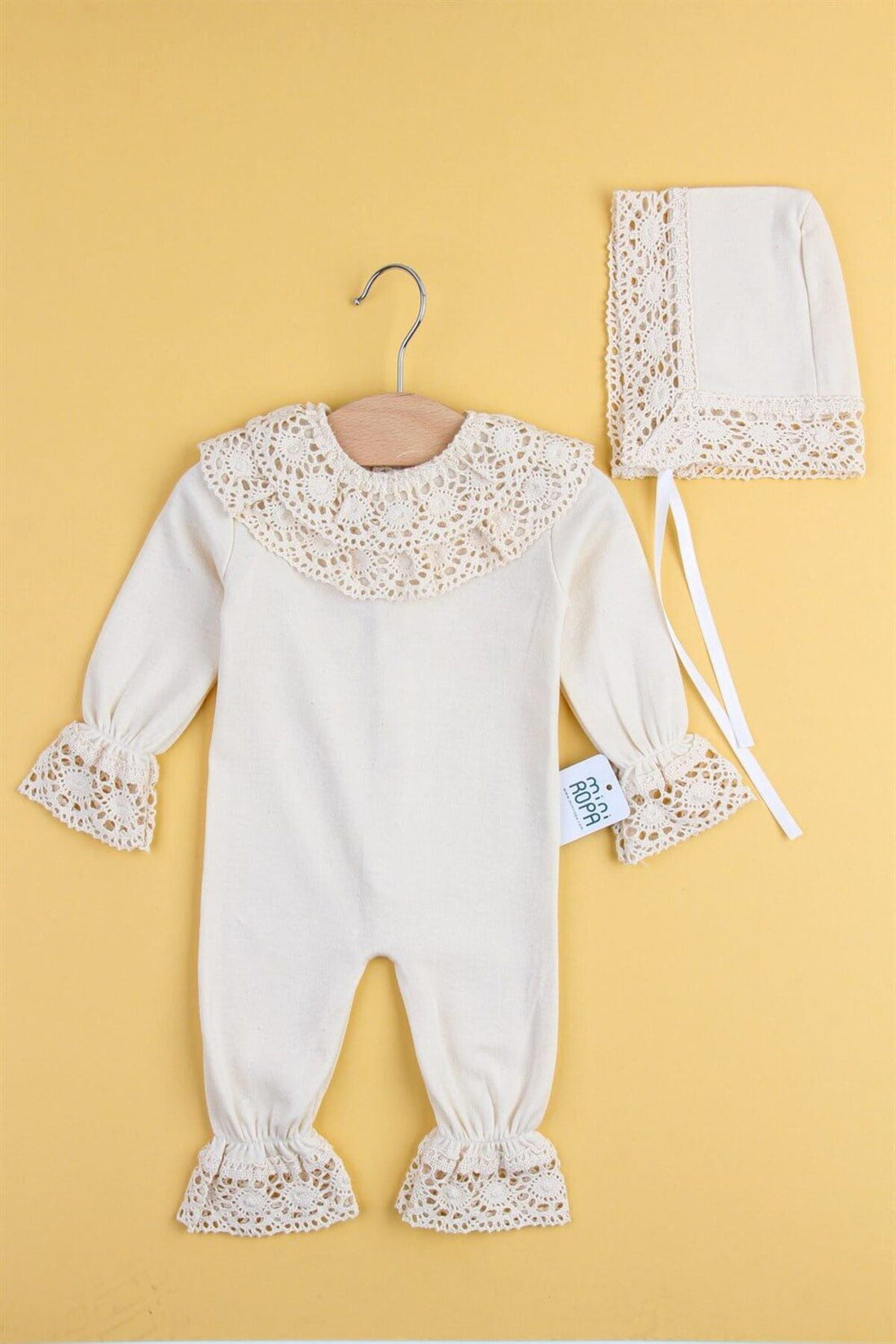 Mini Ropa - Organic Lace Baby Girl Jumpsuit with Hat Hospital Outlet Lace Embroidered Gift Mevlüt Gown