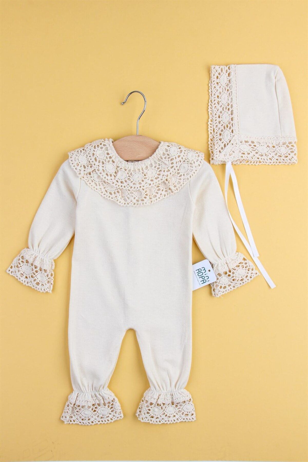 Mini Ropa - Organic Lace Baby Girl Jumpsuit with Hat Hospital Outlet Lace Embroidered Gift Mevlüt Gown