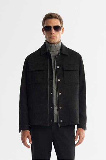 Erkek Siyah Klasik Yaka Önü Fermuar ve Çıtçıt Kapama Mevsimlik Comfort Fit Mont A42Y6077