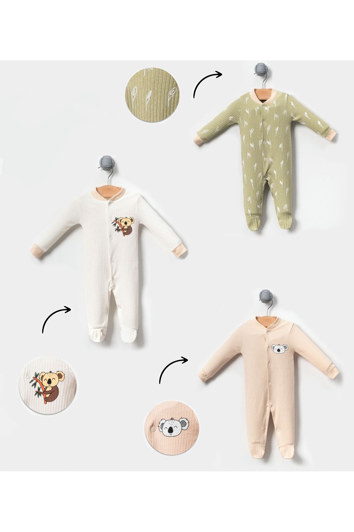 Koala Image 3-Piece Baby Jumpsuit Set Grey White