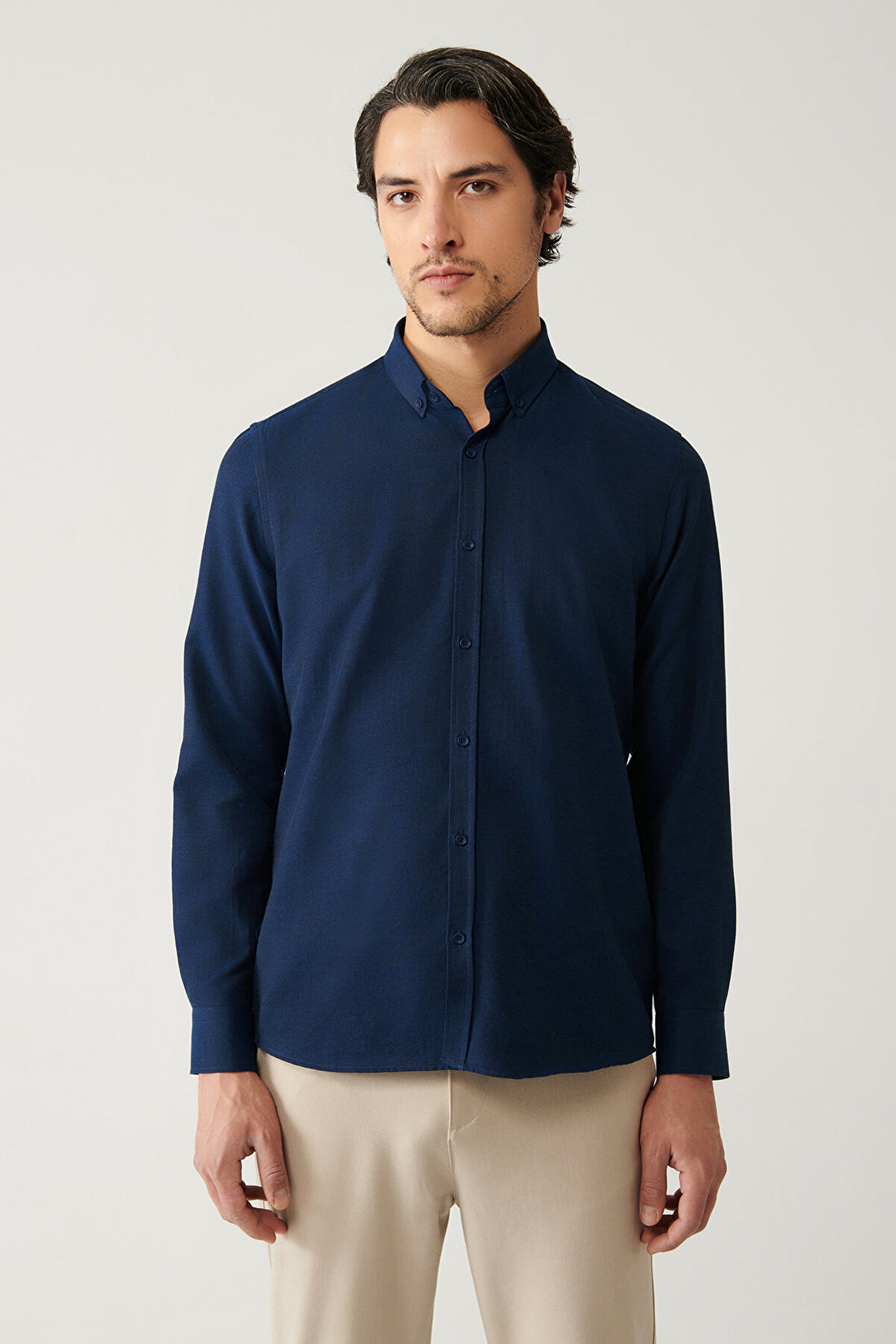 Men's Navy Blue Buttoned Collar Easy Ironing Cotton Oxford Shirt E002000