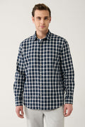 Men's Navy-White Unisex Lumberjack Shirt Classic Collar 100% Cotton Plaid Flannel Comfort Fit A32y2158