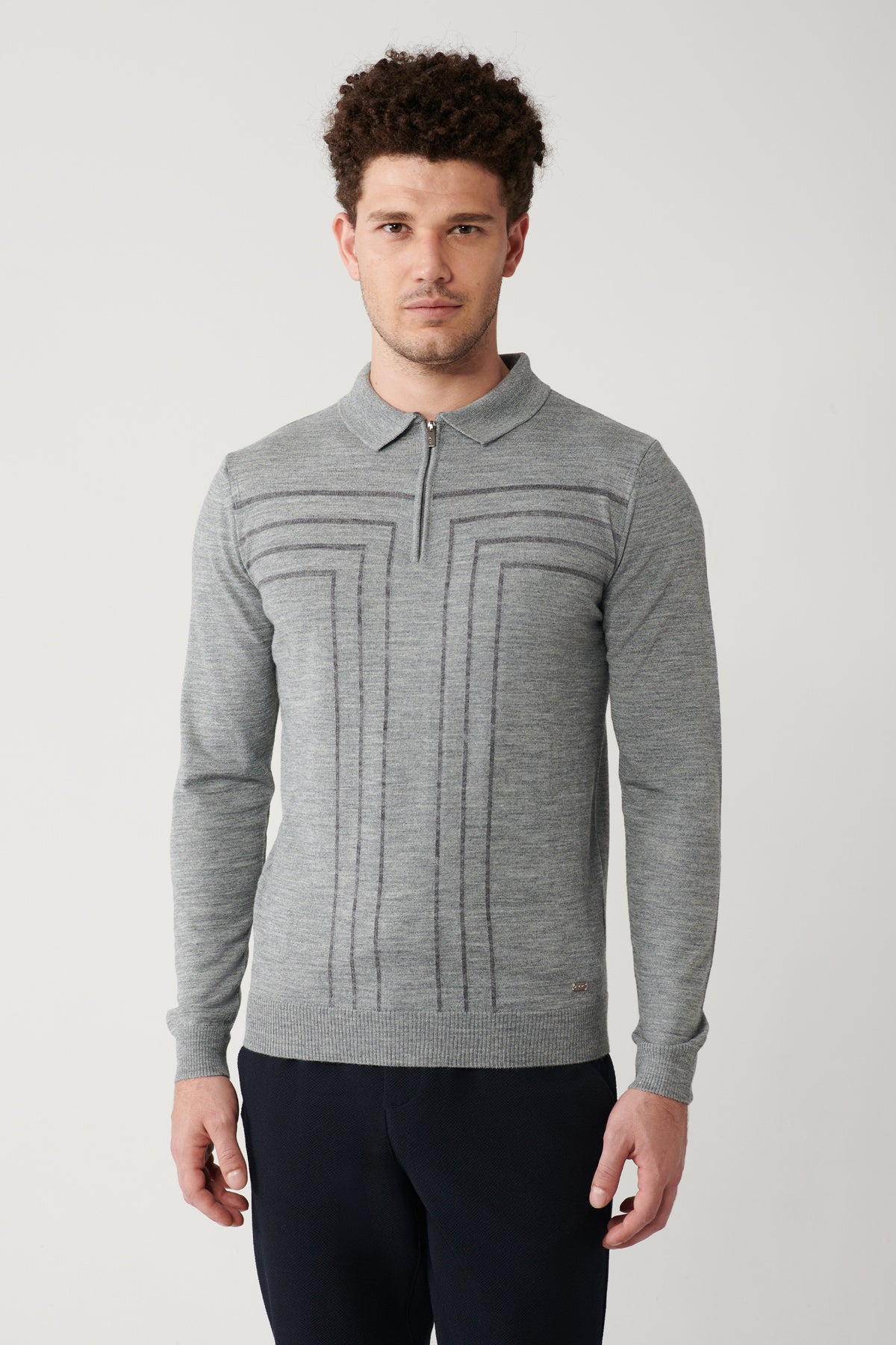 Men's Grey Zipper Wool Blend Striped Knitwear Sweater A32Y5094