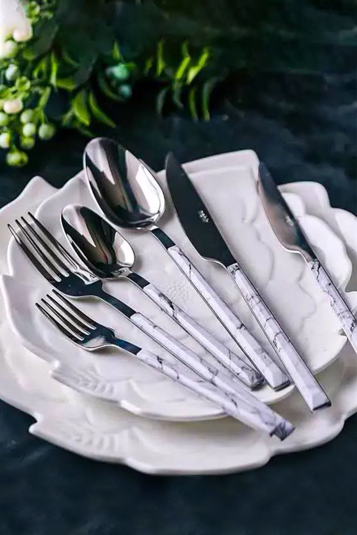Flore Glossy White Marble 36 Piece Cutlery Spoons Set