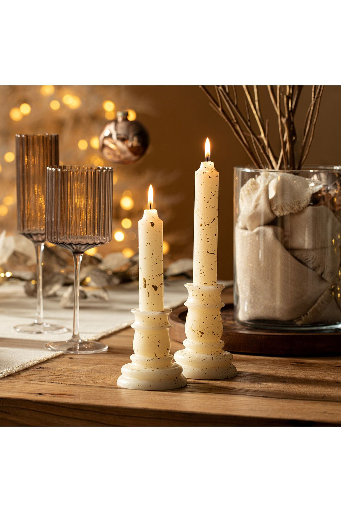 Candlestick Candle Candle with Flame Pedestal Gold 20 Cm Gold