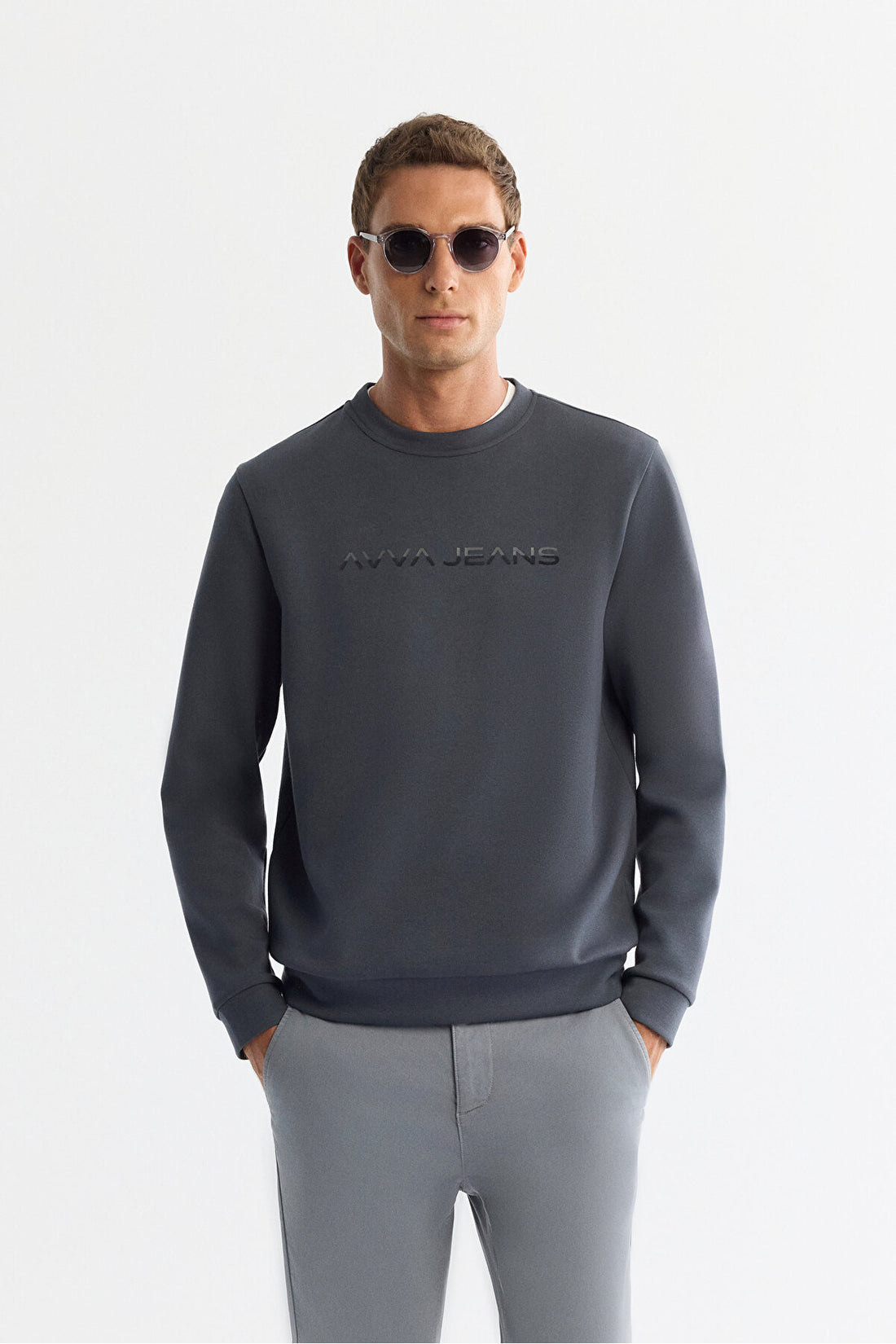 Erkek Antrasit Bisiklet Yaka Pamuklu Baskılı Elastan Regular Fit Sweatshirt A42Y1221
