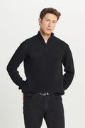 Men's Black Cotton Standard Fit Regular Fit Zipper Bato Collar Jacquard Knitwear Sweater